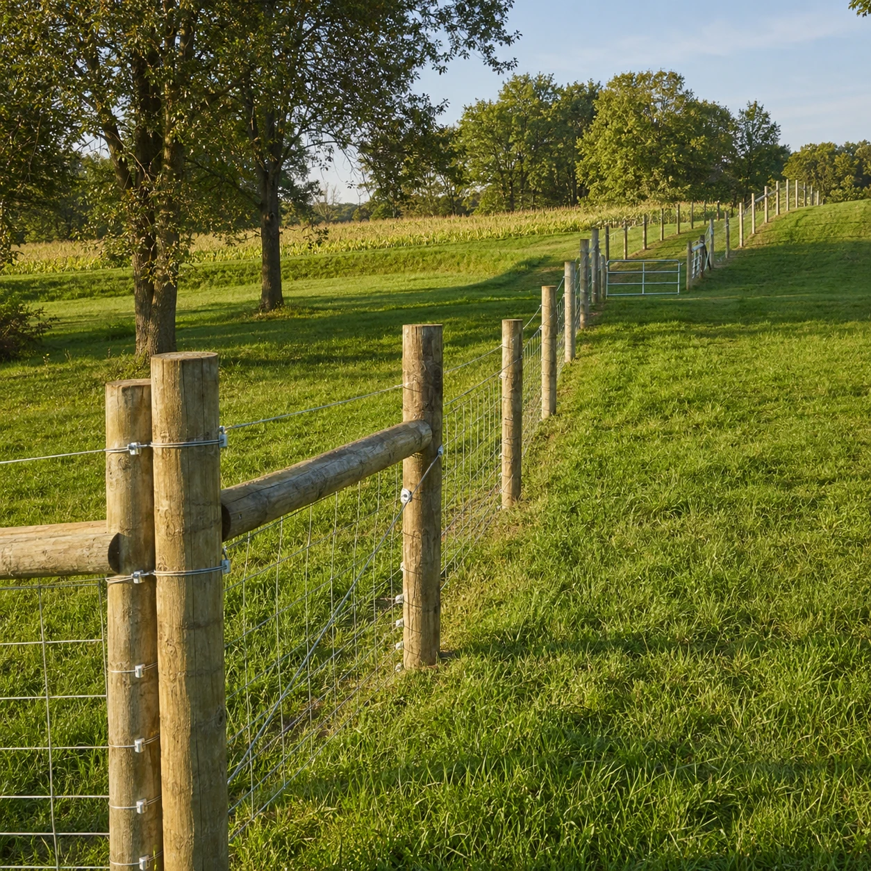 Woven wire farm fencing installed along a livestock pasture