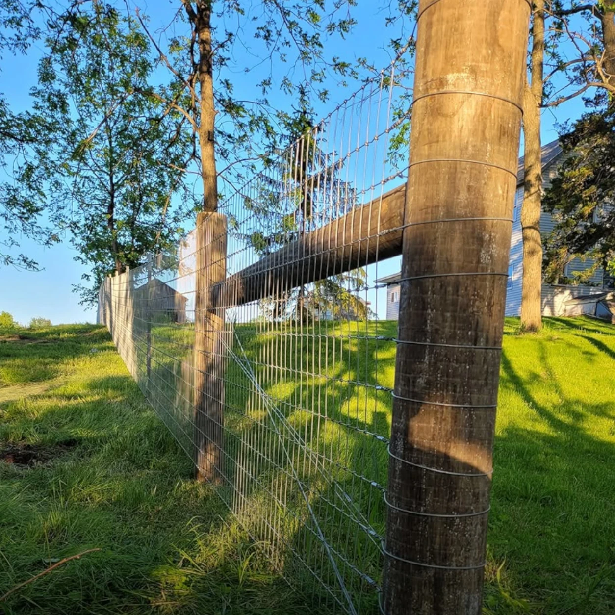 Woven-wire agricultural fencing installed along a working farm