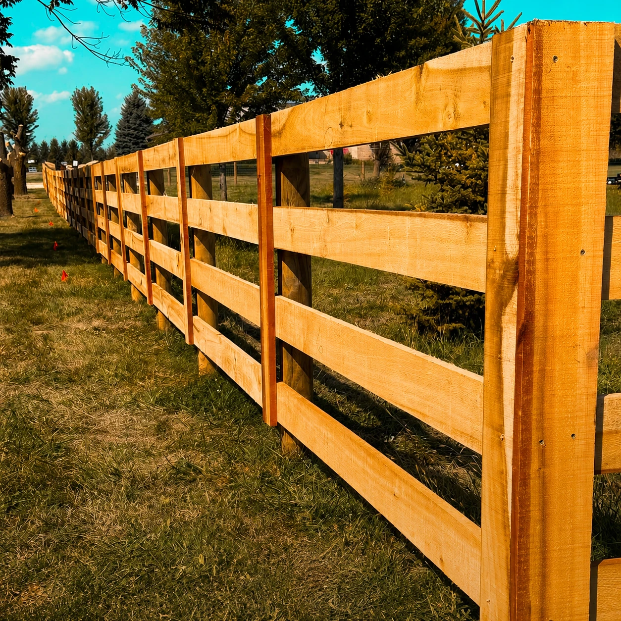 Wood board fencing installed along a horse paddock in the Chicago area