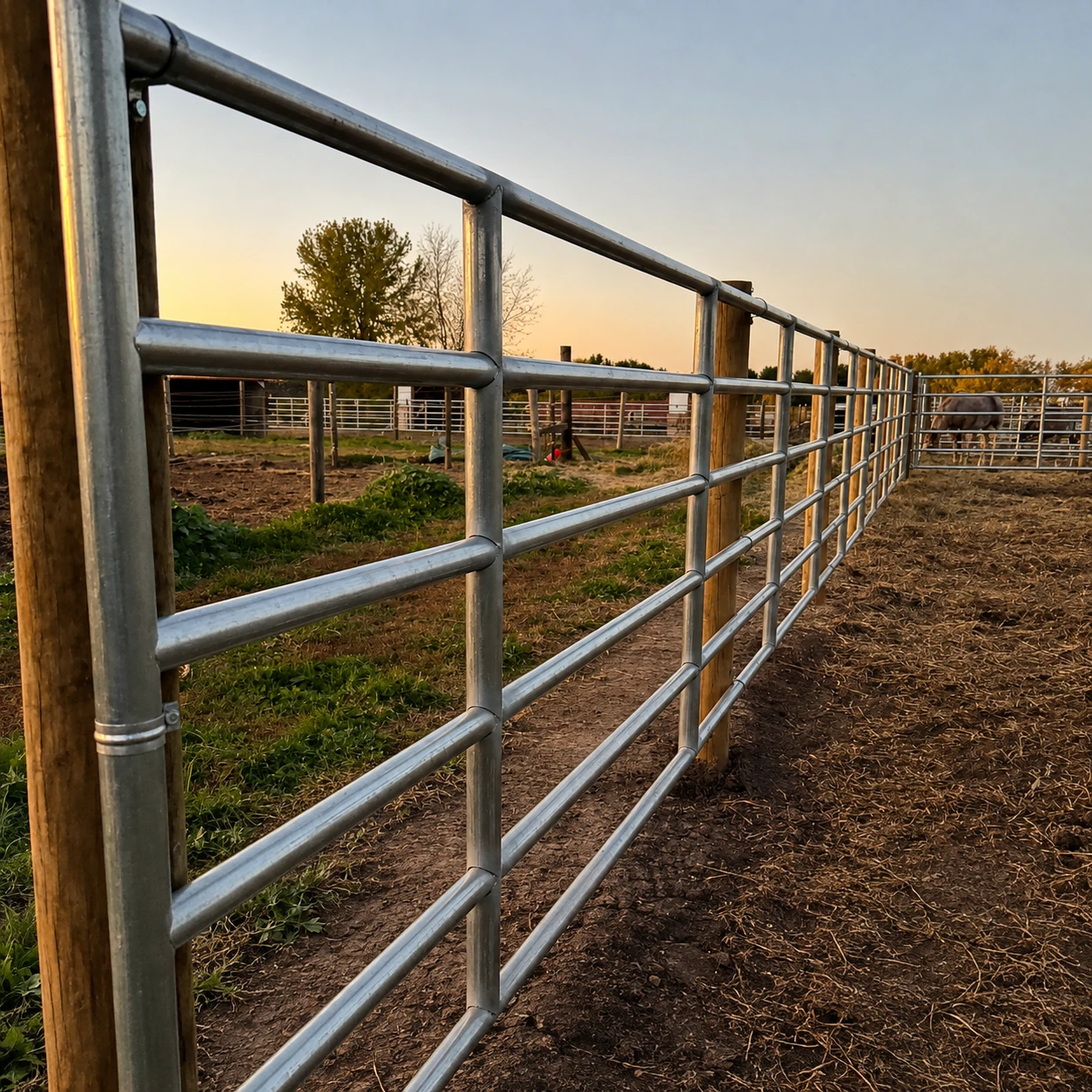 Continuous steel panel fencing installed around a cattle enclosure