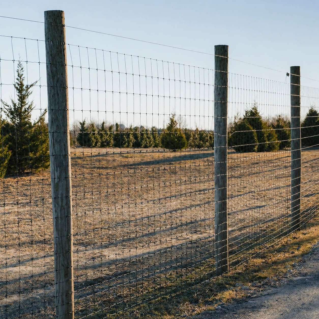 Tall woven-wire deer fencing protecting agricultural land