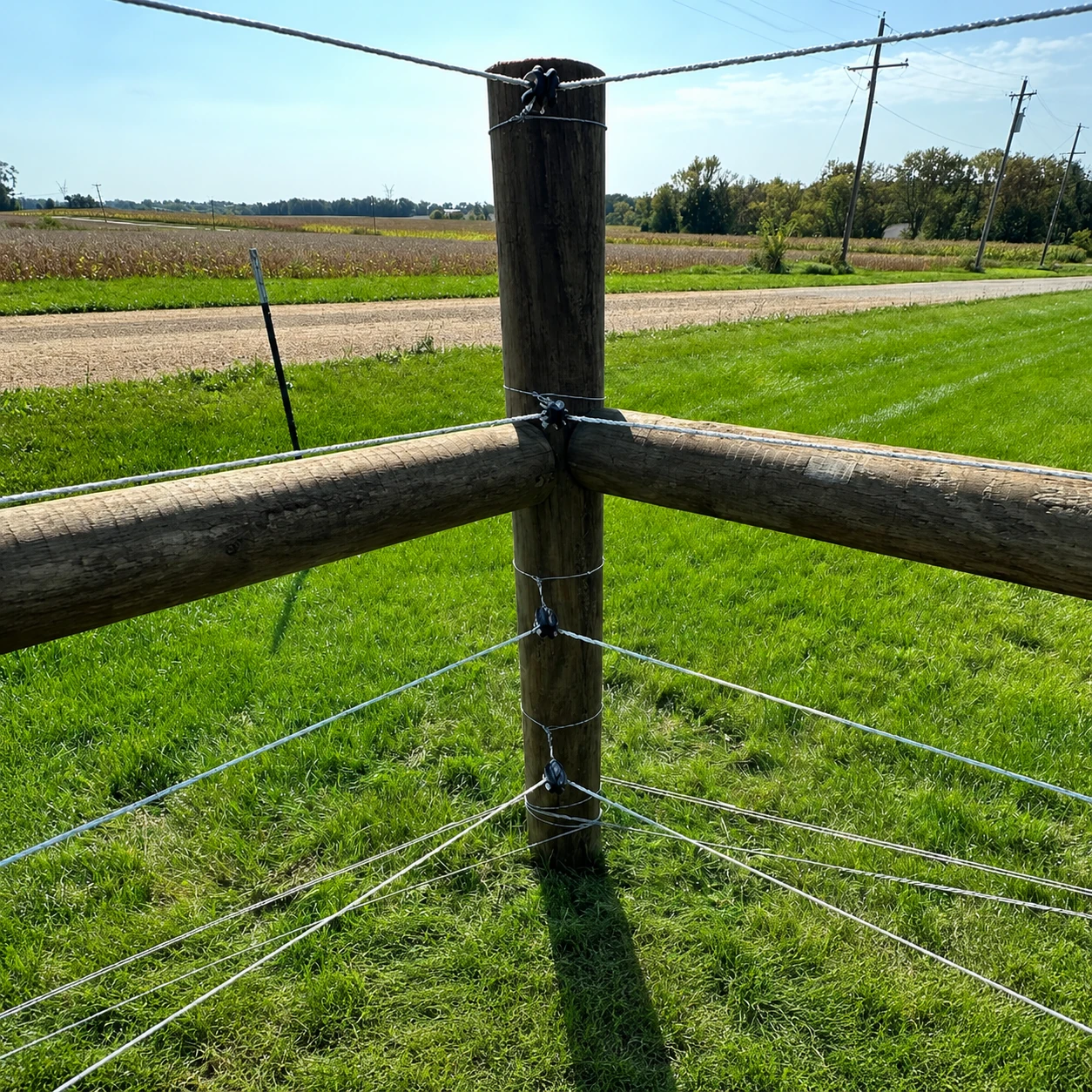 Electric fence wires and insulators installed at a pasture corner