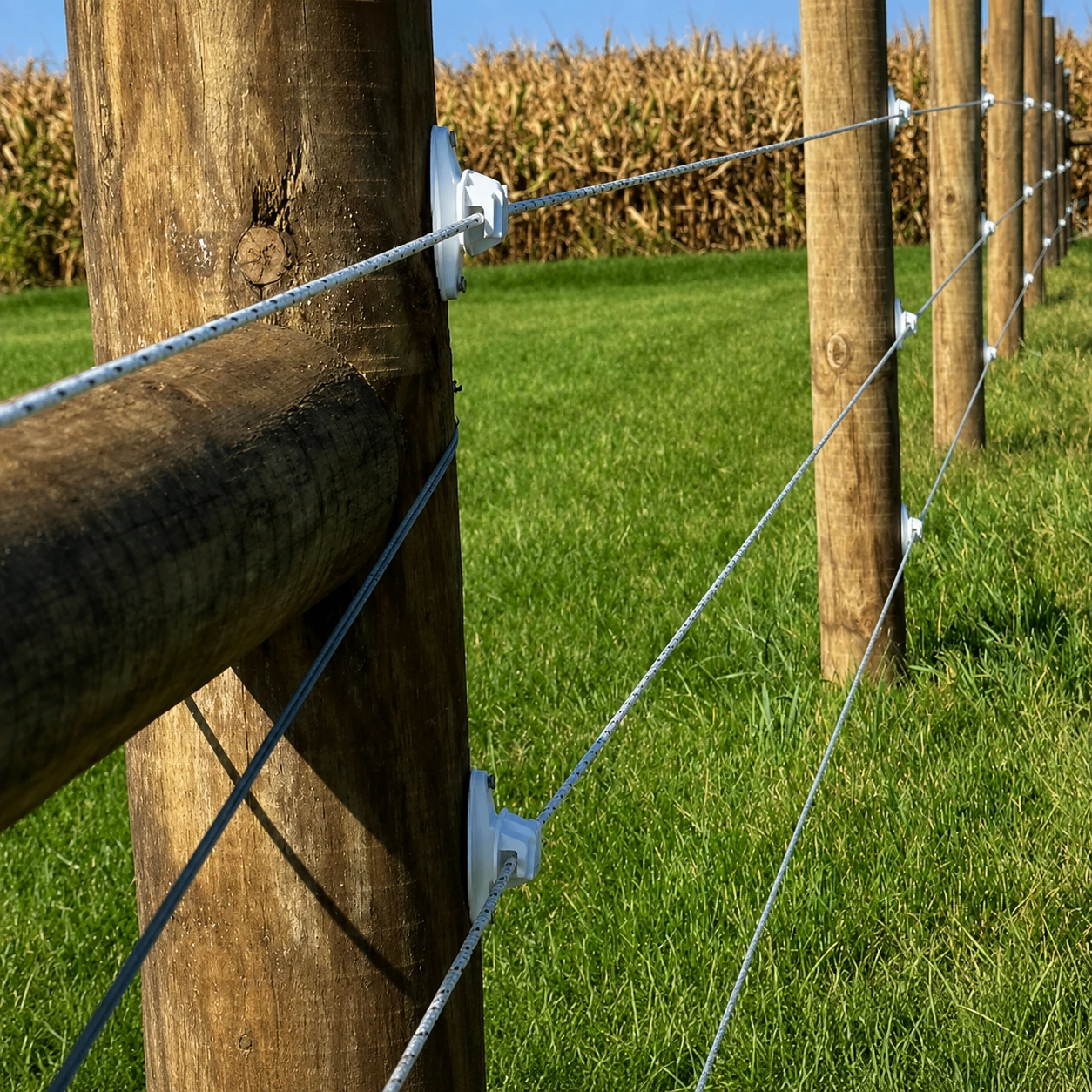 Electric fence conductors installed along a wooden livestock fence