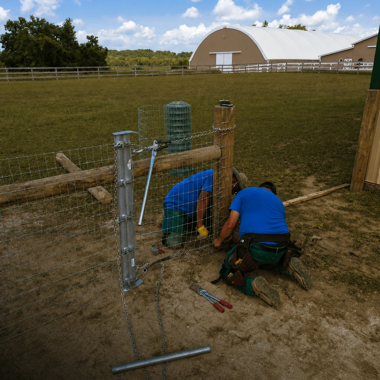 farm fencing company crew installing a farm gate