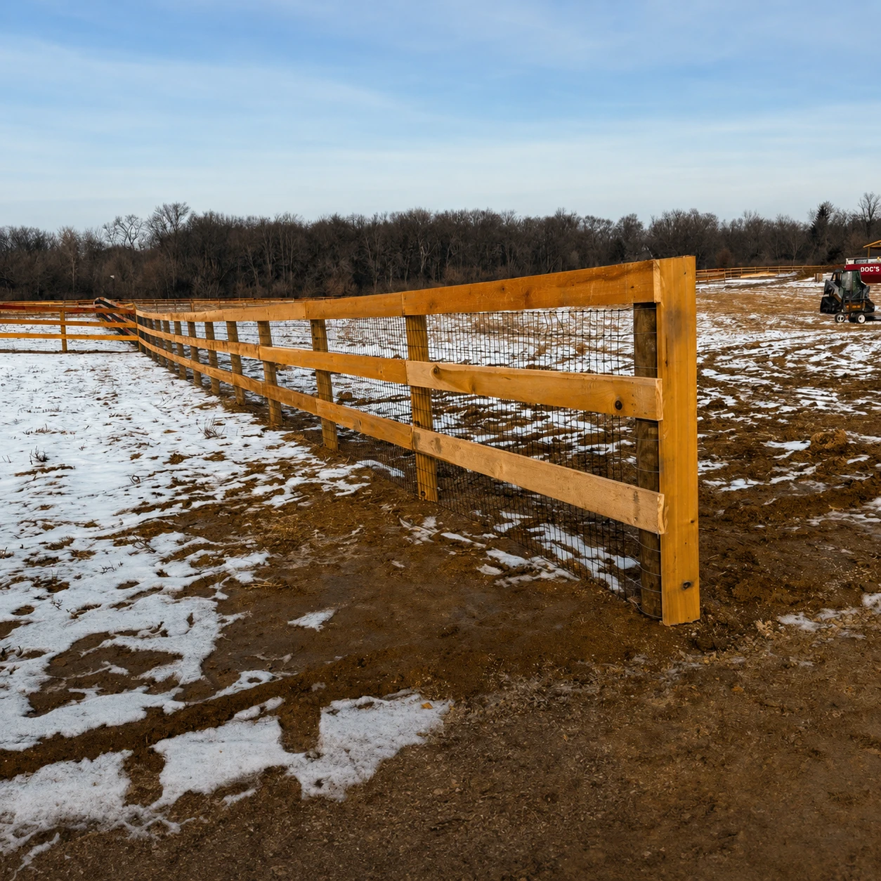 New board and wire fence replacing an older farm fence