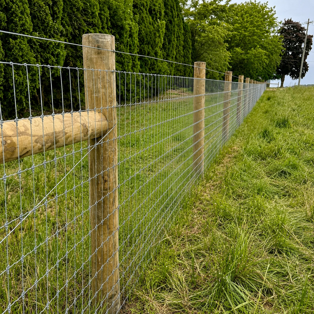 Woven-wire field fencing installed along a livestock pasture