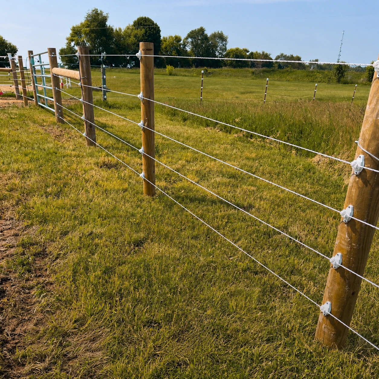 High tensile wire fencing installed along a livestock pasture