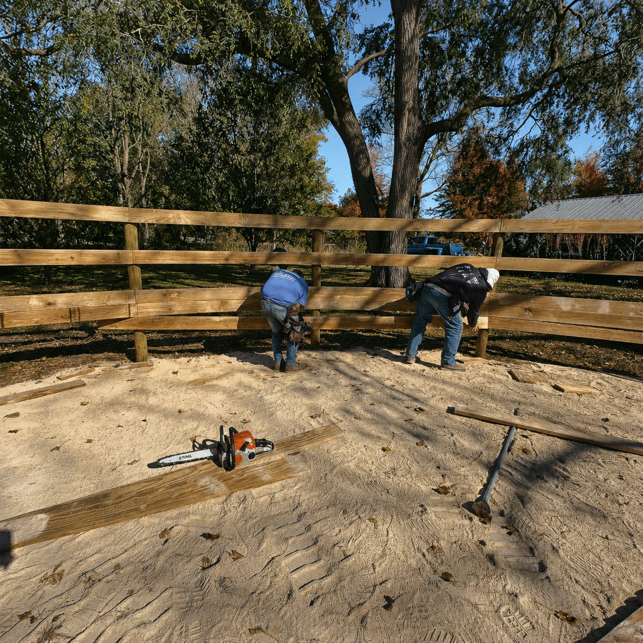 Contractors installing board fencing around a horse corral