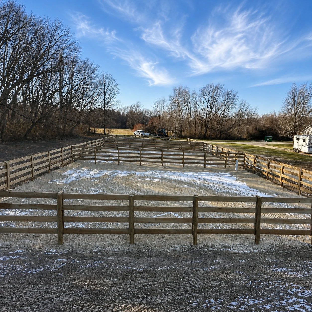 Board fencing enclosing connected horse corrals in the Chicago area