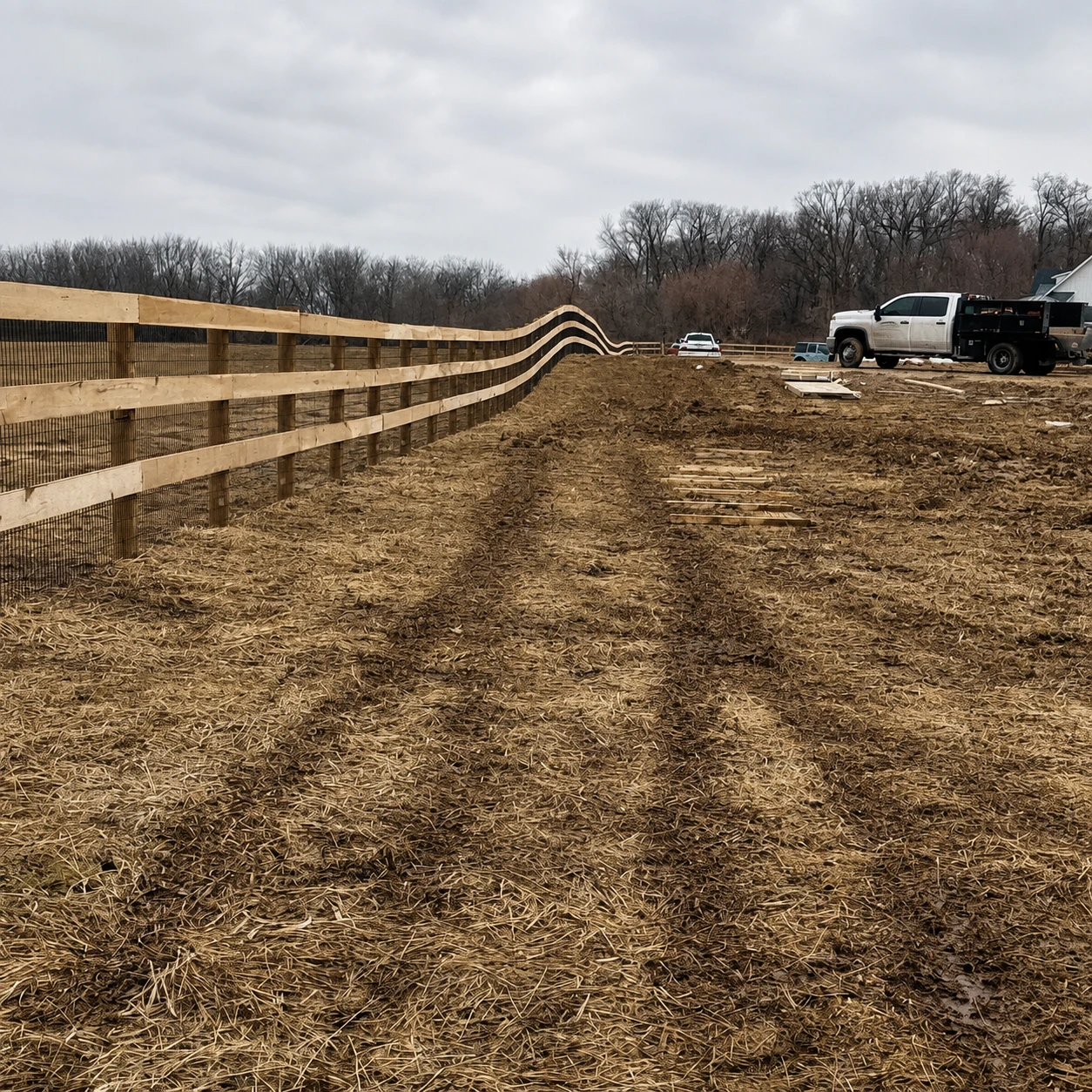 Board horse fencing installed along a large equine paddock