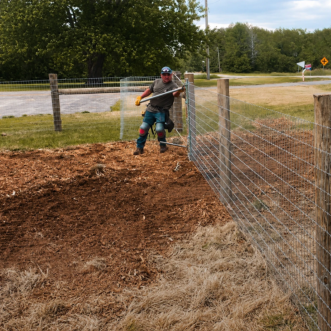 Farmland Fencing worker installing woven wire fencing