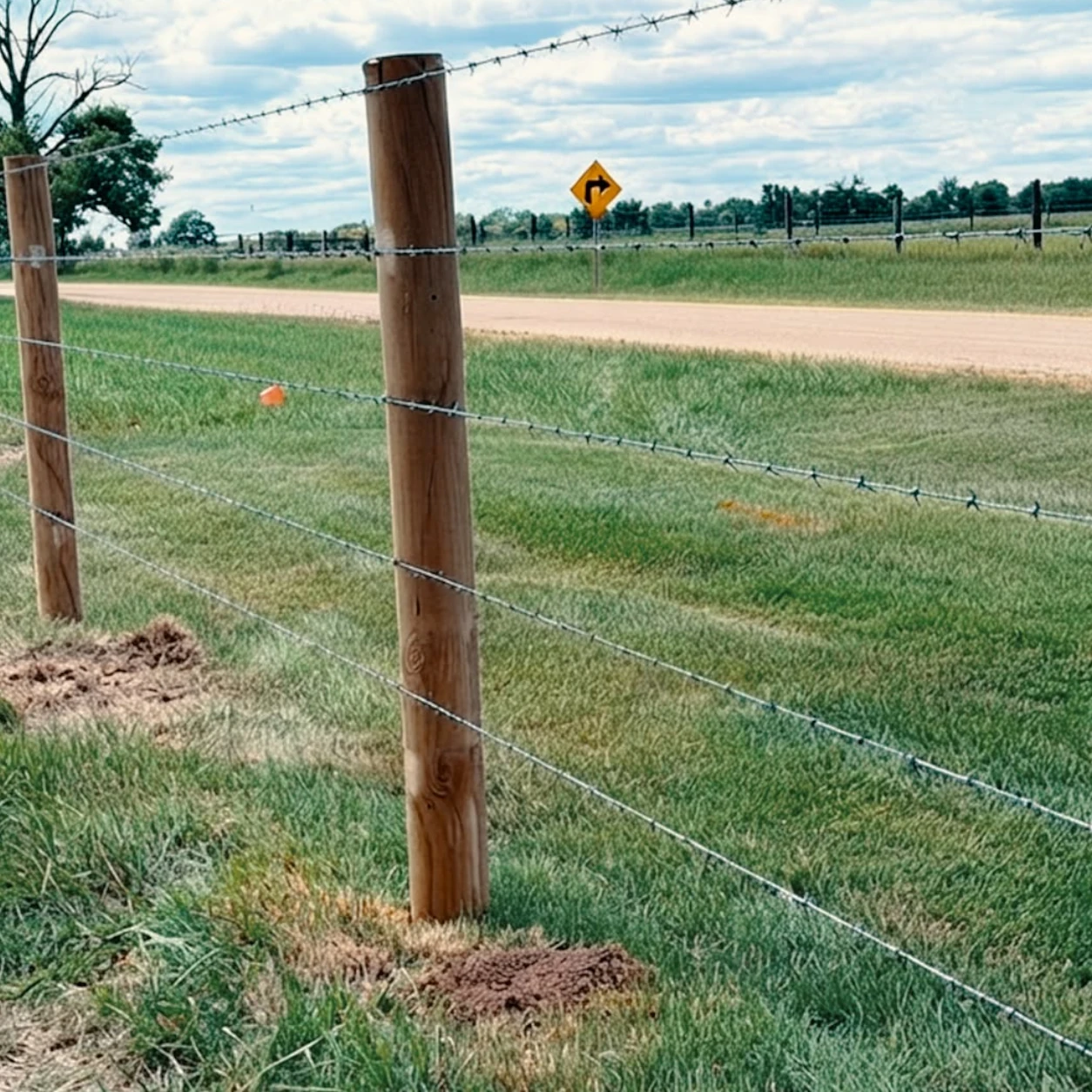 Woven-wire property boundary fencing installed along a rural road